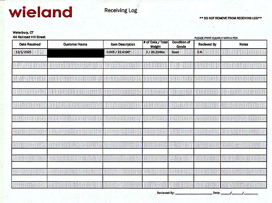 Receiving log sheet kept at the dock
