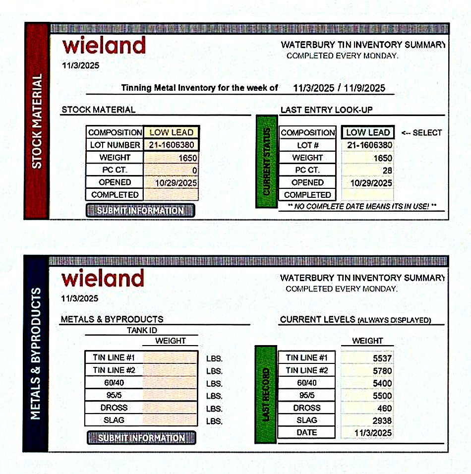 Tin inventory data entry screens with submit buttons